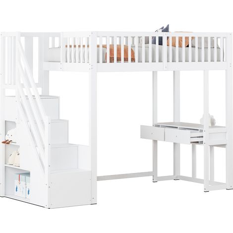 Lit mezzanine 90 x 200 avec table multifonction, escalier de rangement sécurisé et espace sous le lit, cadre en bois blanc, gain de place pour enfants et ados - CHICFURN (1/5)