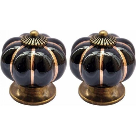 Ensemble de 2 boutons de meubles, boutons de tiroir, boutons de placard, poignées en porcelaine noire de style vintage en forme de citrouille (1/4)