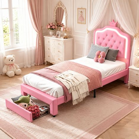 Lit enfant 90 x 200 avec sommier à lattes - PU - Rose - Lit simple avec 1 tiroir - Lit princesse couronne avec éclairage LED - Tête de lit réglable en hauteur (1/5)