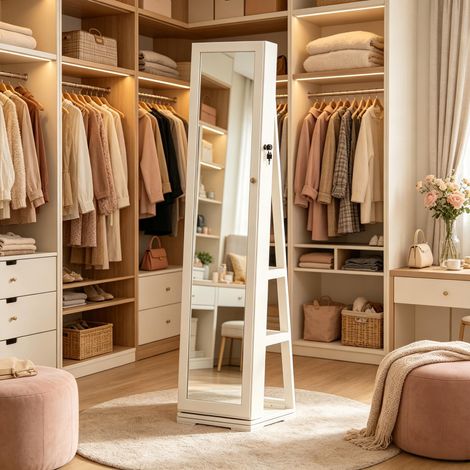 Miroir de chambre, miroir pivotant, miroir sur pied, miroir de dressing avec espace de rangement (1/4)