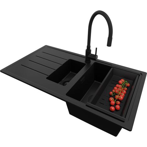 PRIMAGRAN Evier Cuisine en Granit 90x50cm,Lavabo 1,5 bacs + Robinet 38x14cm + Kit de Vidage, Évier à Encastrer au Meuble 60cm - Copenhague Duo, Tout Noir