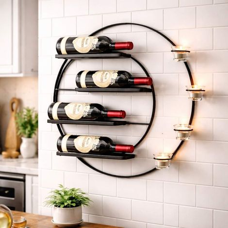 DanDiBo Weinregal für 4 Flaschen und Teelichter Metall 55 cm Wand Schwarz Vivace 96214 Rund Flaschenregal Flaschenhalter Wandmontage Modern Wandhalter Wandregal
