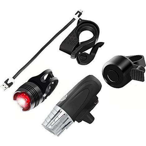 Kit éclairage vélo avant arrière avec sonnette étanche rechargeable USB, phare et feu arrière lumineux pour VTT cyclisme (1/5)