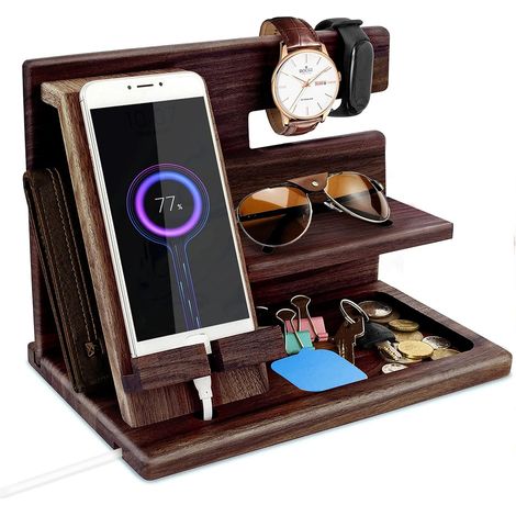 1 Organiseur en bois, chargeur téléphone, rangement accessoires, bureau chambre homme (1/5)