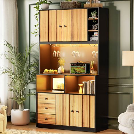 Armadio da cucina 180 cm, armadio alto con LED, mensola da cucina con presa, portabottiglie e vetrina per cucina e sala da pranzo (1/5)