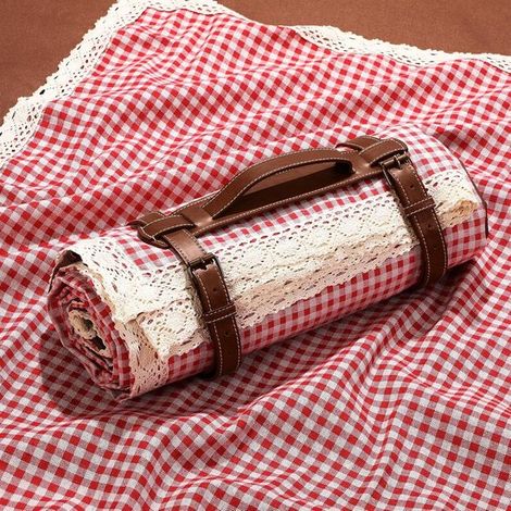 Coperta da picnic impermeabile 1,5 x 2 m, a doppio strato, telo da spiaggia antisabbia, coperta da esterno pieghevole 2 in 1 con tracolla, rossa e bianca (1/5)