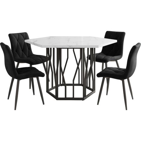 Set tavolo da pranzo 5 pezzi tavolo esagonale effetto marmo bianco e 4 sedie in velluto nero (1/5)