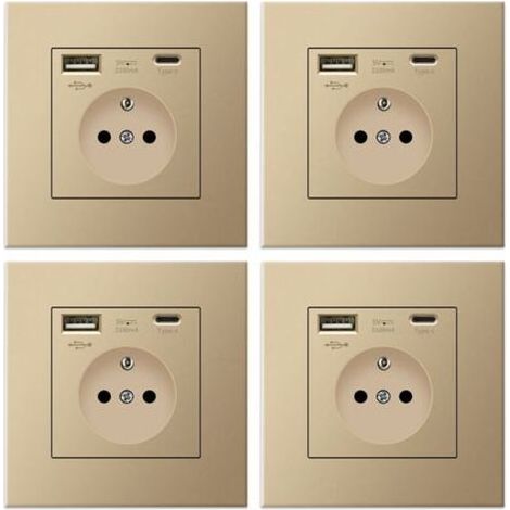 Kaelt - Lot de 4 prises murales avec USB et Type-C, 5 V 2,1 A, prise USB encastrée standard UE, multiprise France, 110-250 V (Doré) (1/4)