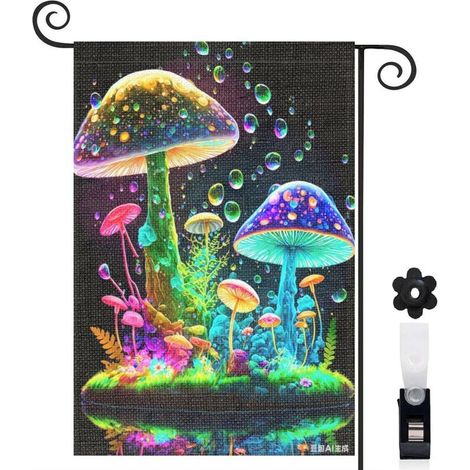 Drapeau de jardin 30 x 45 cm motif champignons enchantés et fleurs colorées toile double face extérieure (1/5)