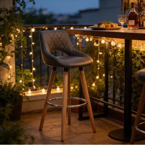 Taburete de bar, asiento y respaldo ergonómicos, patas de madera maciza, protectores antideslizantes, cuero sintético gris (1/5)
