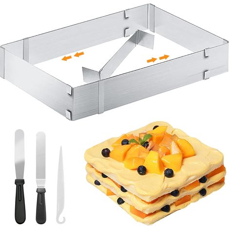 Telaio da forno rettangolare regolabile, telaio da forno quadrato regolabile in acciaio inox, anello per torte quadrato, teglia rettangolare con divisorio e spatola (1/5)