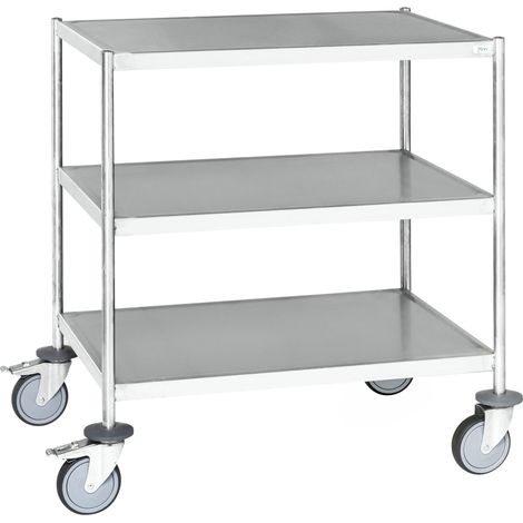 Kongamek Edelstahl- Etagenwagen vollständig geschweißt, 3 Ladeflächen 625x415mm Gummibereifung mit Bremse