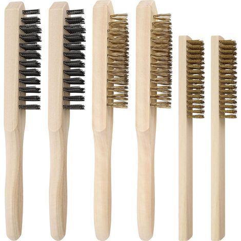 Metal brush with wooden handle, 6 pieces, with wooden handle, brass brush, 2 brush sizes, heavy-duty steel brush, manual metal brush, brass metal brush for the (1/5)