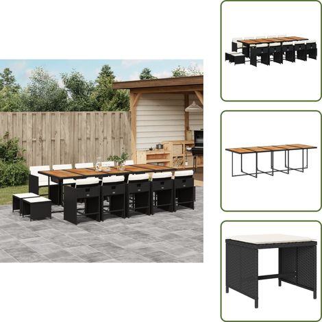 15-tlg. Garten-Essgruppe mit Kissen Schwarz Poly Rattan - Gartenmöbel Set - Gartentisch - Gartenstühle - Gartenhocker - Rattan Möbel