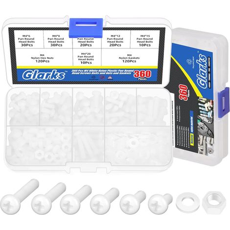 360 PCS M4 x 6/8 / 10/12 / 15 / 20mm nylon crosshead vis écrou rondelle Kit, blanc nylon crosshead vis machine pour diverses applications de fixation industrielle (1/5)