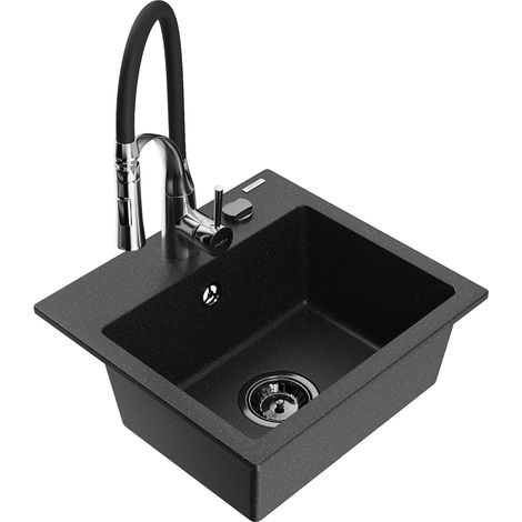 Mexen Milo évier en granit 1 bac avec robinet de cuisine Aster, noir/argent métallisé - 6505-73-73450-07-B (1/5)