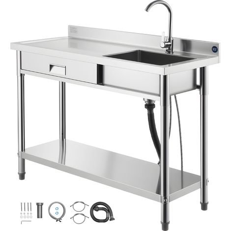 Mophorn Évier utilitaire en acier inoxydable pour cuisine, tiroir intégré, robinet et tuyau pour eau chaude et froide, idéal pour garage, restaurant ou buanderie, dimensions 120x50x94 cm (1/5)