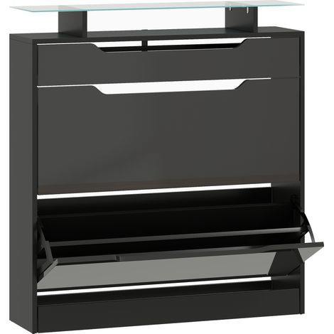 Meuble à chaussures, 2 tiroirs abattants, 1 tiroir coulissant, 1 étagère, 89 x 23 x 96 cm, noir (1/5)
