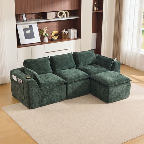 Canapé Modulable 3 Places avec Pouf en Velours Côtelé Beige, Canapé d'Angle avec Porte-Gobelet et Poches, Rembourrage Ressorts, Style Scandinave, pour Salon (256x161x75 cm) - Vert (1/5)
