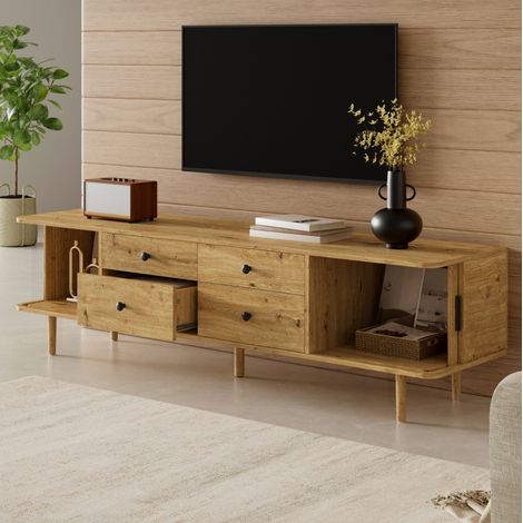 Meuble TV 165 cm en MDF, 4 tiroirs et 2 portes coulissantes, grand rangement, plateau 165 x 40 x 46 cm, bois, charge 40 kg, pieds surélevés de 15 cm – CHICFURN (1/5)