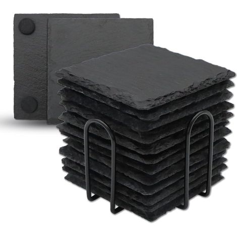Lot de 12 sous-verres carrés en ardoise naturelle noire de 10 cm (4 pouces) avec support en métal, personnalisables par gravure laser, fond anti-rayures. Idéaux pour la décoration de bar, cuisine et m (1/5)
