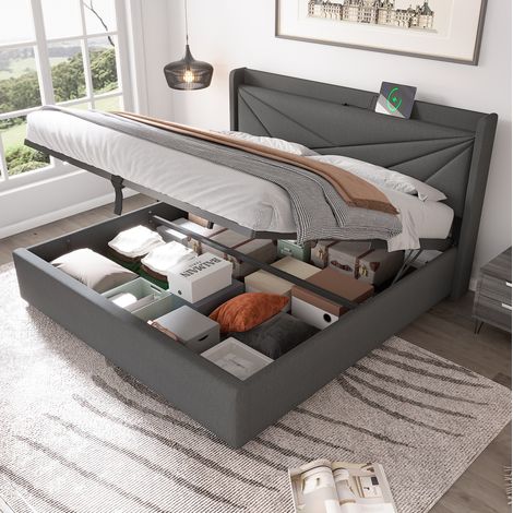 Letto matrimoniale contenitore 180x200 in tessuto grigio con USB-C e rete a doghe OKWISH (1/5)