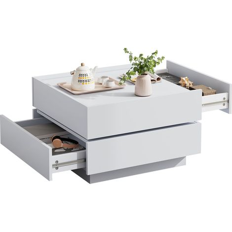 Table basse fonctionnelle pour le salon, rotative à 360°, plateau tournant avec 2 étagères et rangement, table d'appoint de salon blanc pur, 606038 cm (1/5)