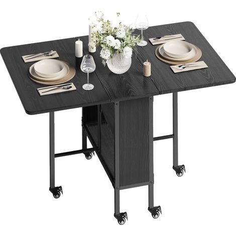 Klappbarer Esstisch Bealife Mobiler Klapptisch mit 6 Rollen 1 Ablagefach Metallgestell 6 Sitzplätze 130 x 80 x 74 cm Schwarz