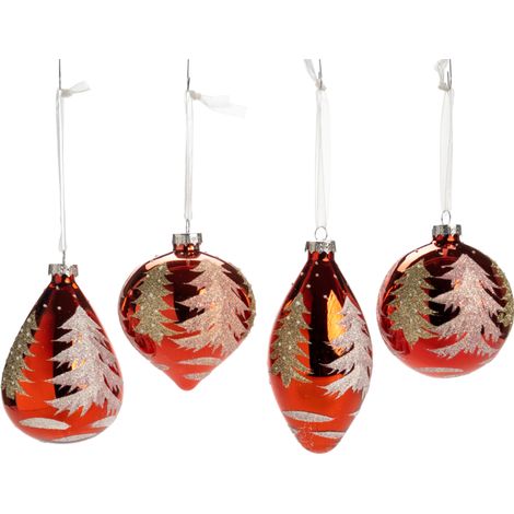 Pallina in vetro colore rosso con alberi glitterati per albero di Natale, set da 4 pezzi (1/2)