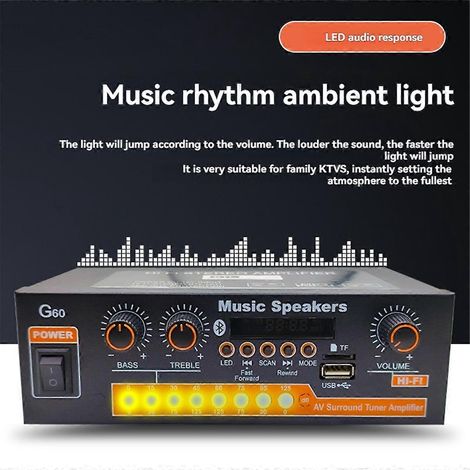 Amplificateur domestique Bluetooth G60 avec prise en charge des caissons de basses, radio FM et lecture USB – idéal pour le home cinéma et bien plus encore. (1/5)