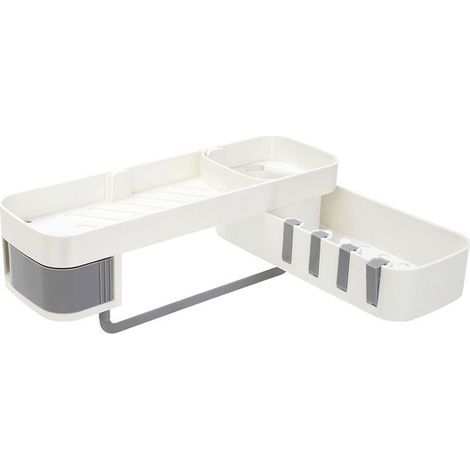 Corner Shower Shelf Self Adhesive Shower Caddy No Drill Bathroom Shelf 180°Rotatable Shower Corner Shelf with Hook Hangers for Shower Storage Shampoo Holder Kitchen Organizer (White+Grey) (1/5)