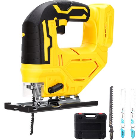 Scie Sauteuse , Compatible avec Dewalt, 4pcs Lames, 4 Modes de Coupe, Angle d'inclinaison ±45 °, et Coffret Gants, Changement de Lames Rapide(Batterie Non Incluse)