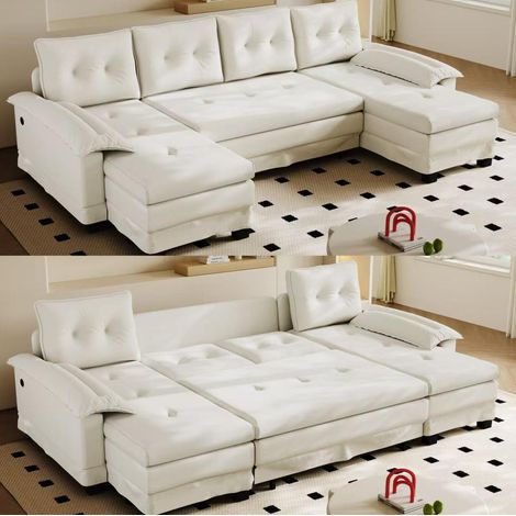 U-Schlafsofa 278x127x87 cm aus cremeweißer Chenille mit USB, platzsparend fürs Wohnzimmer – MEUBLIV (1/5)