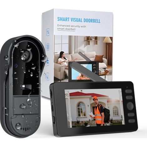 Sonnette sans Fil avec Caméra IP65 étanche Exterieur 1080P Bluetooth avec écran IPS 4.3 Sonnette, 170° Vision Nocturne Interphone Portier Video Audio Bidirectionnel (1/5)