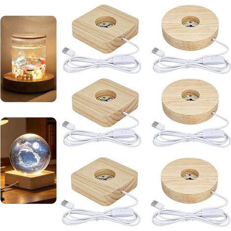 Lot de 6 Socle Lumineux LED en Bois, 3 Ronds + 3 Rectangles Socles Lumineux en Bois, Socles LED, Base D'affichage USB, Socle en Bois pour Boules de Cristal, Verre, Bijoux, Acrylique et Résine (1/5)