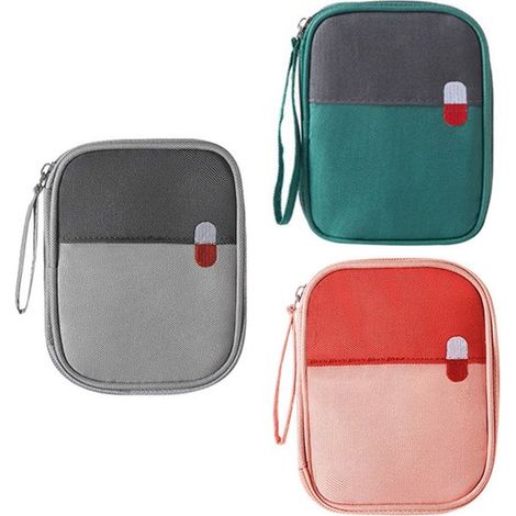Lot de 3 pochettes de rangement avec fermeture éclair pour médicaments maquillage et petits accessoires de voyage couleurs grise verte et rose (1/4)