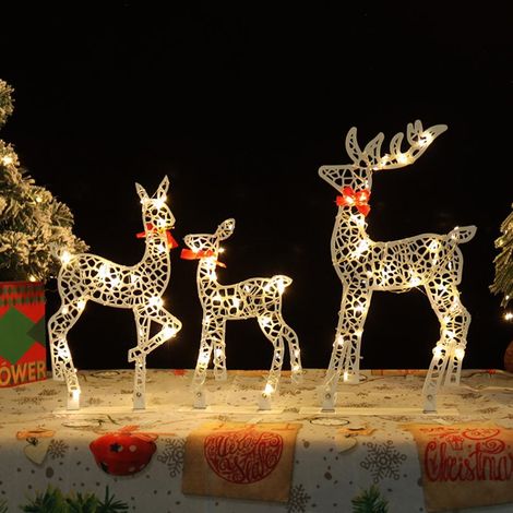 SJLERST Ensemble Familial de Cerfs de Noël éclairés 3 Pièces, Noël élégante avec nœud rouge pour Décoration de Table pour Extérieur (1/5)