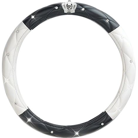 Volant Voiture Femme Housse Anti-dérapant PU Strass Diamants Noir Blanc Universel 14-15 Pouces (1/5)