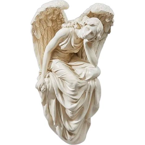 Statue Ange Assis - 47 cm Hauteur - Fini Pierre Naturelle - Résine Renforcée Pierre Concassée - Pour Intérieur Et Jardin - 1 Pièce (1/5)
