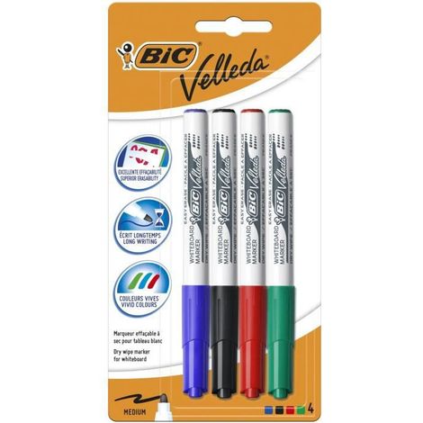 Bic velleda 1741 pack de 4 marqueurs pour tableau blanc - pointe moyenne - trait de 1,4 mm - effacement optimal - couleurs assorties (1/5)