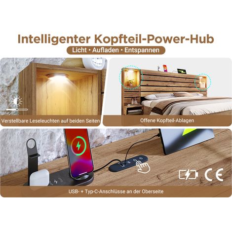 Ce lit double en bois mesure 160 x 200 cm. Il est doté d'une tête de lit suspendue avec éclairage LED et port USB Type-C. Des tiroirs offrent un espace de rangement sous le lit. (1/5)