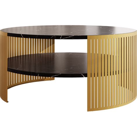 Mesa de centro Civer I, Dorado + Mármol negro, 40x0x0cm, Diámetro: 75, Aglomerado laminado, Redonda