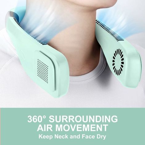 Ventilateur Cou Portable, Mini Ventilateur Nuque Confortable Cool Airflow 360°, 3 Vitesses Vent Fort Silencieux, Petit Ventilateur USB Rechargeable pour Sport Bureau Extérieur Intérieur, Vert (1/5)