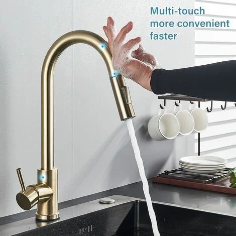 Robinet de cuisine doré extensible avec capteur de contrôle, 2 buses de douche, pivotant à 360°, extracteur