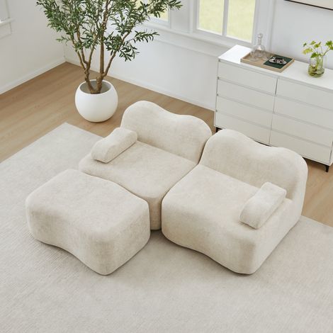 Canapé d'angle modulable 2 places + pouf beige, coussins accoudoirs amovibles, livré monté