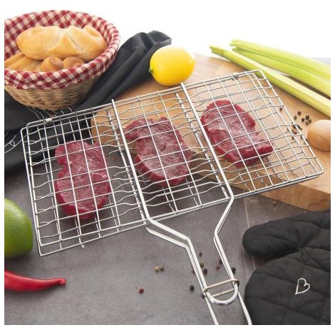 Double Grille Barbecue Rectangle 34x22 cm en Acier Chromé avec Manche en Bois
