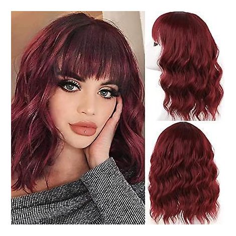 wine Red , 14 Pouces Naturelle Perruque Wine Red Bob Wig With Bangs Synthtique Perruque Bob Naturelle Boucle Perruques Pour Femme Daiy Cosplay (1/5)