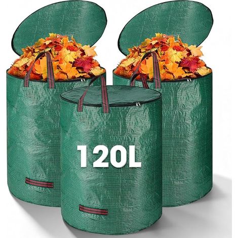 Bolsas de jardín, bolsa de residuos de jardín de 120 L plegable y reutilizable con tapa y asas, reutilizable, impermeable, plegable para hojas, césped (1/3)