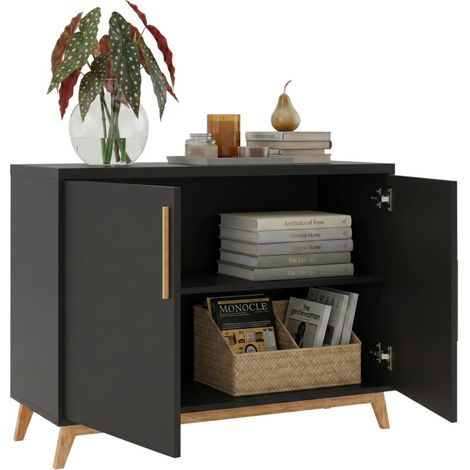 Buffet Scandinave Noir 2 Portes 4 Niches Pieds Pin L 90.2 H 67.5 P 35.1 cm (1/5)