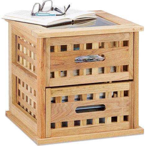 Relaxdays – Table de chevet carrée en bois noyer – 2 tiroirs amovibles – Dimensions H34 x L34 x P34 cm – Design moderne avec plateau en verre